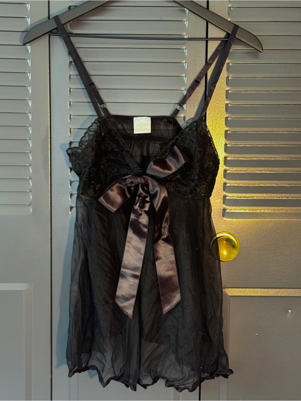Vintage Gilligan & O'Malley Black Sheer Lace Babydoll Chemise with Satin Bow